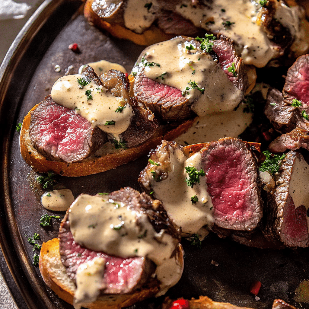 Beef Tenderloin Crostini with Parmesan Cream Sauce