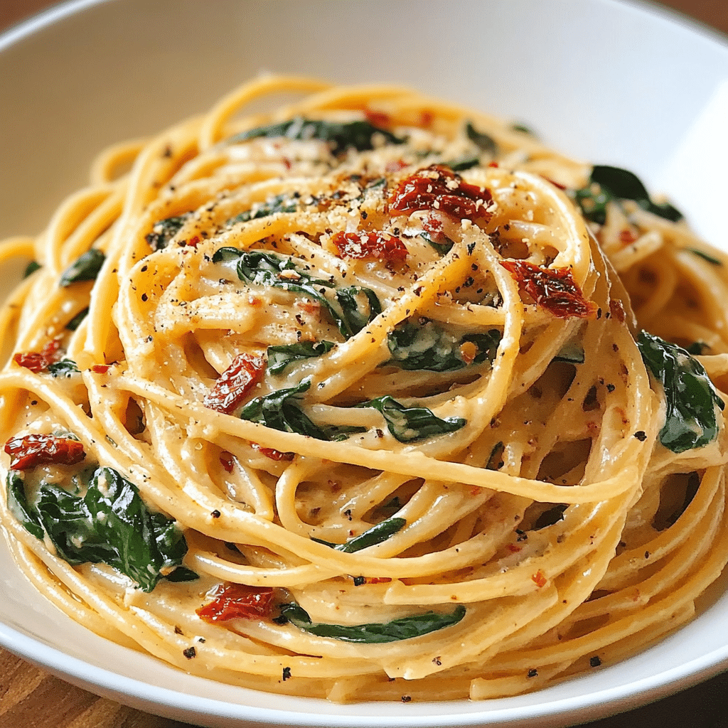 Spaghetti with Spinach and Sun-Dried Tomato Cream Sauce