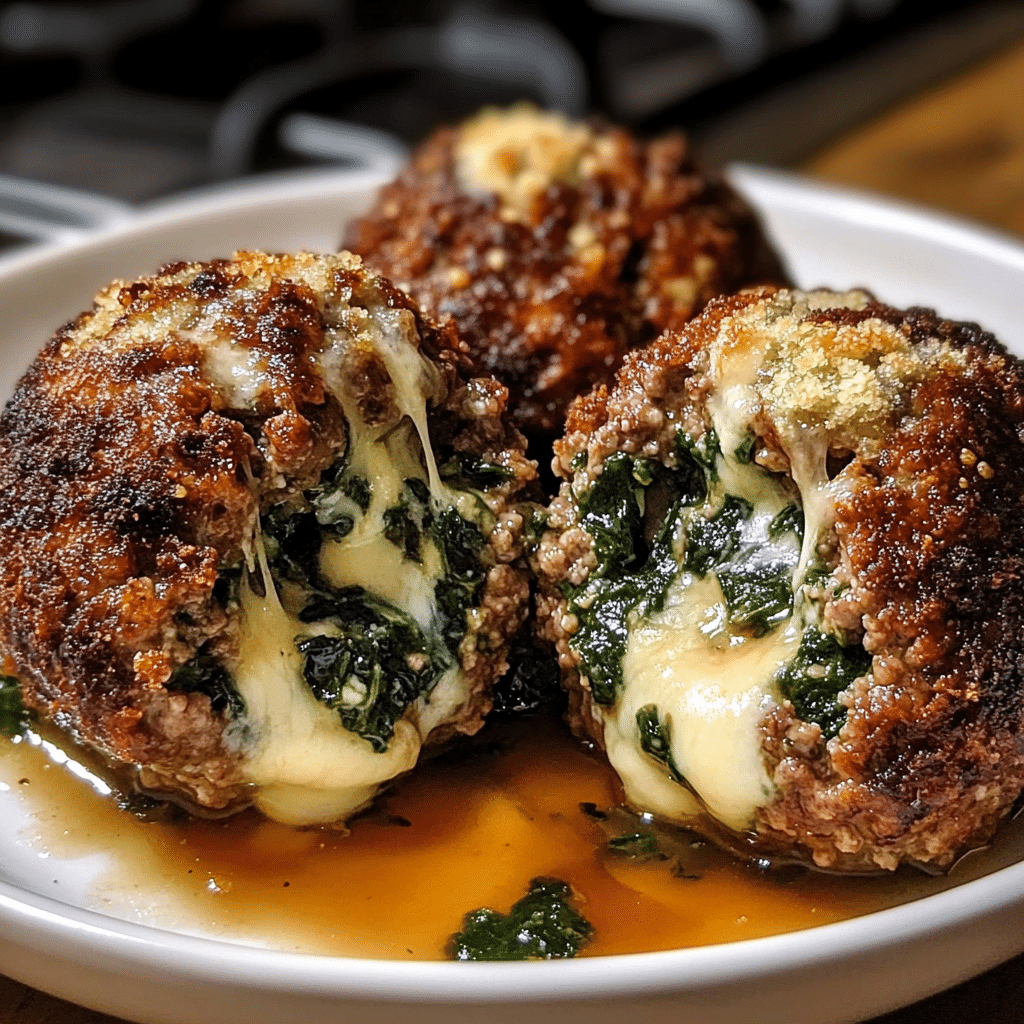 Spinach Garlic Meatballs Stuffed with Mozzarella