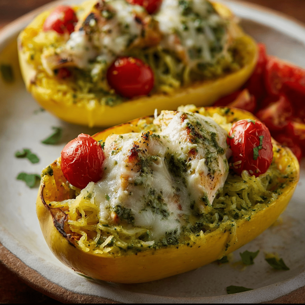 Pesto Chicken Stuffed Spaghetti Squash
