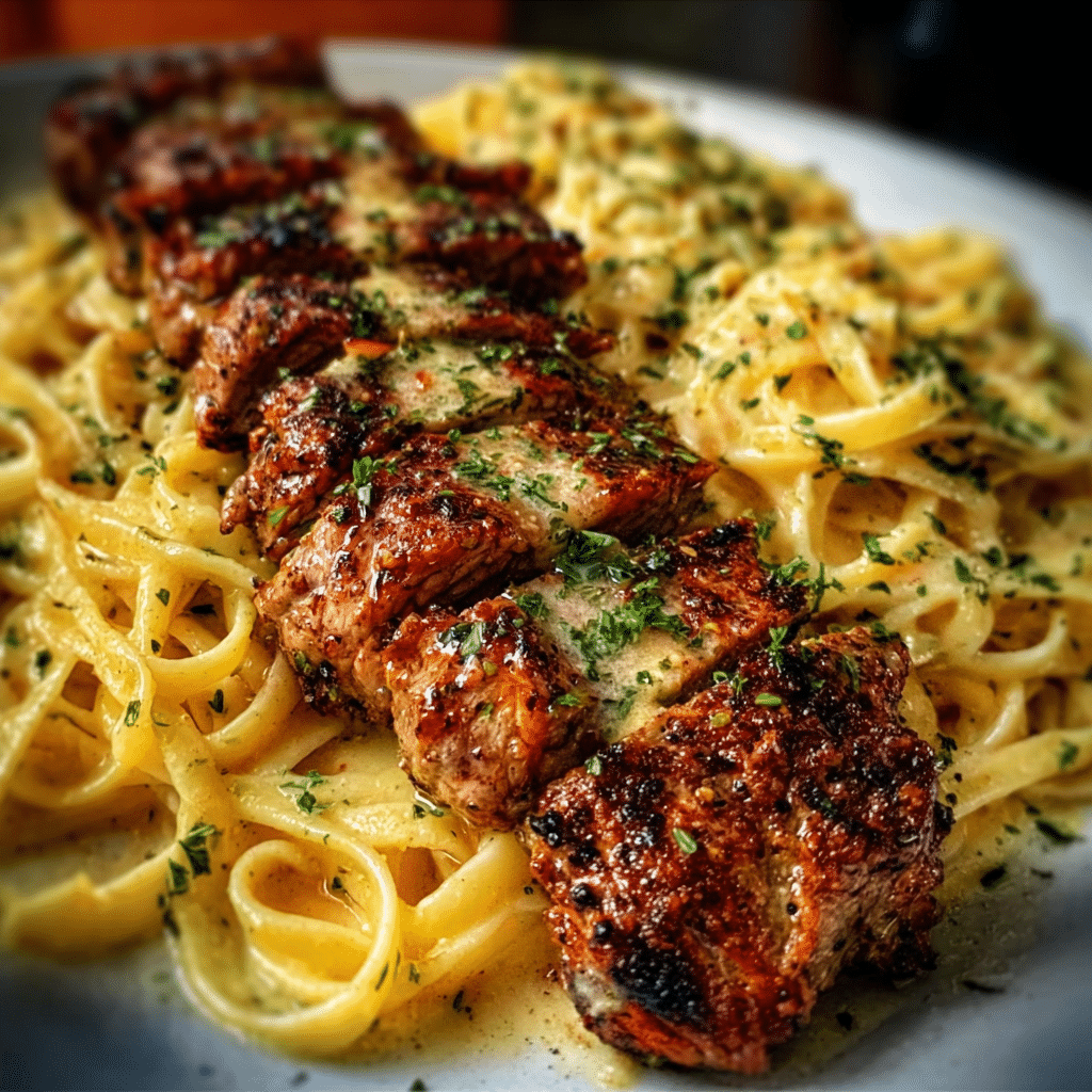 Cajun Garlic Butter Steak over Parmesan Linguine