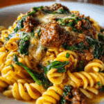 Garlic Butter Rotini with Beef, Italian Sausage and Spinach
