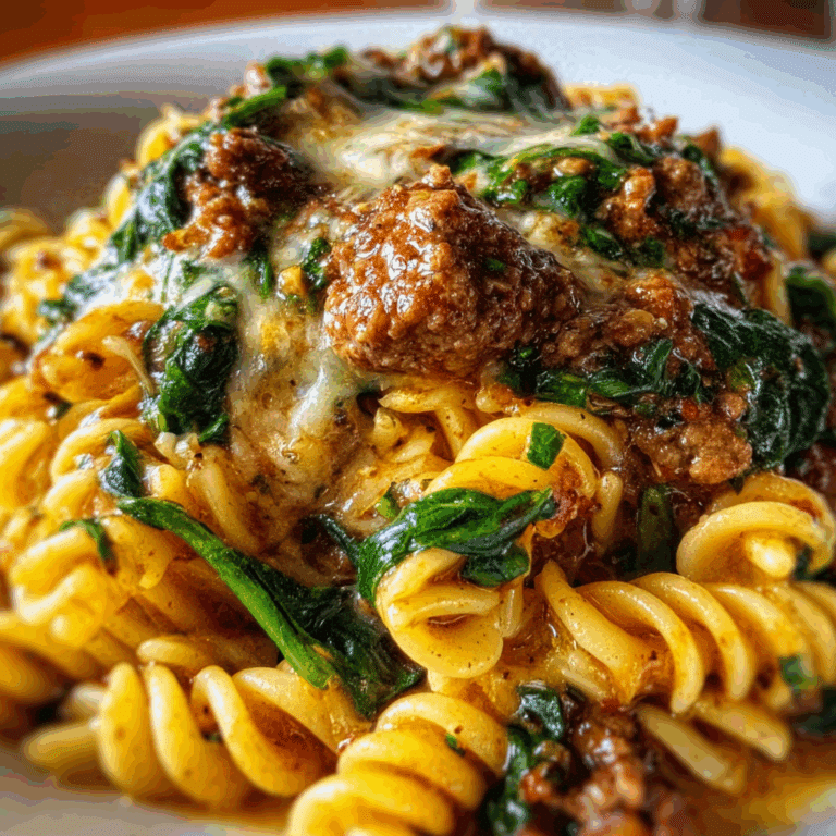 Garlic Butter Rotini with Beef, Italian Sausage and Spinach