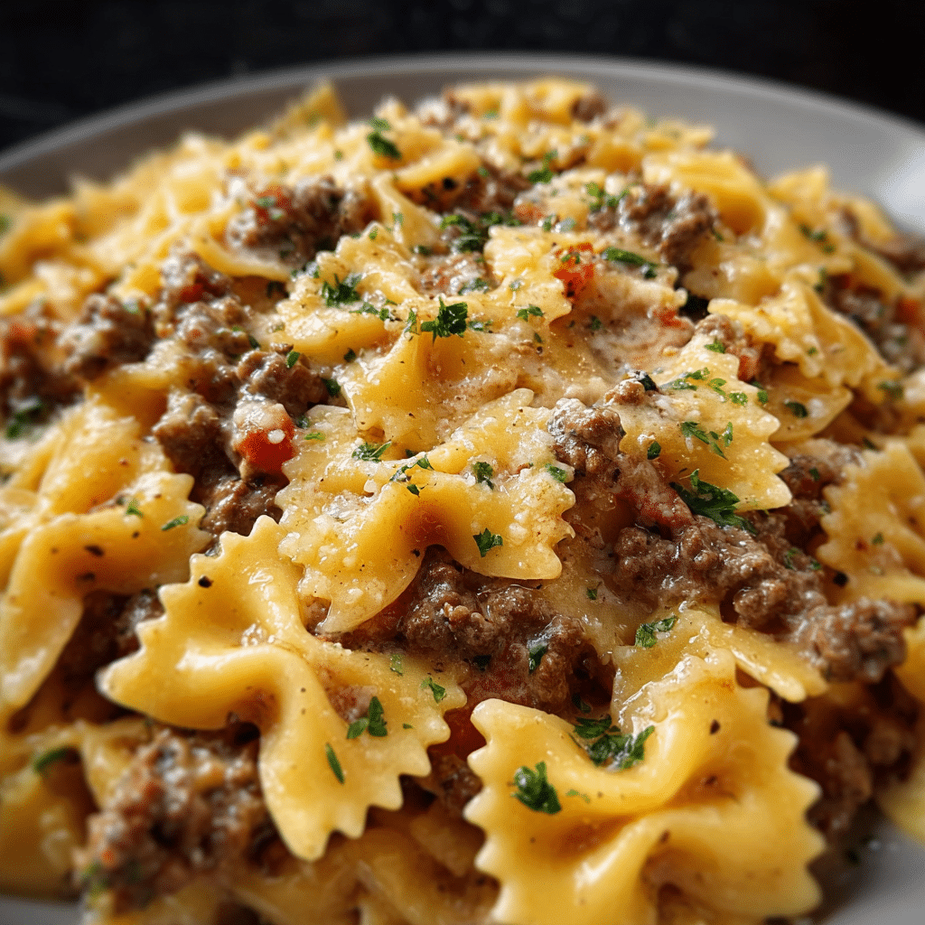 Ground Beef Bowtie Pasta with Mozzarella and Parmesan