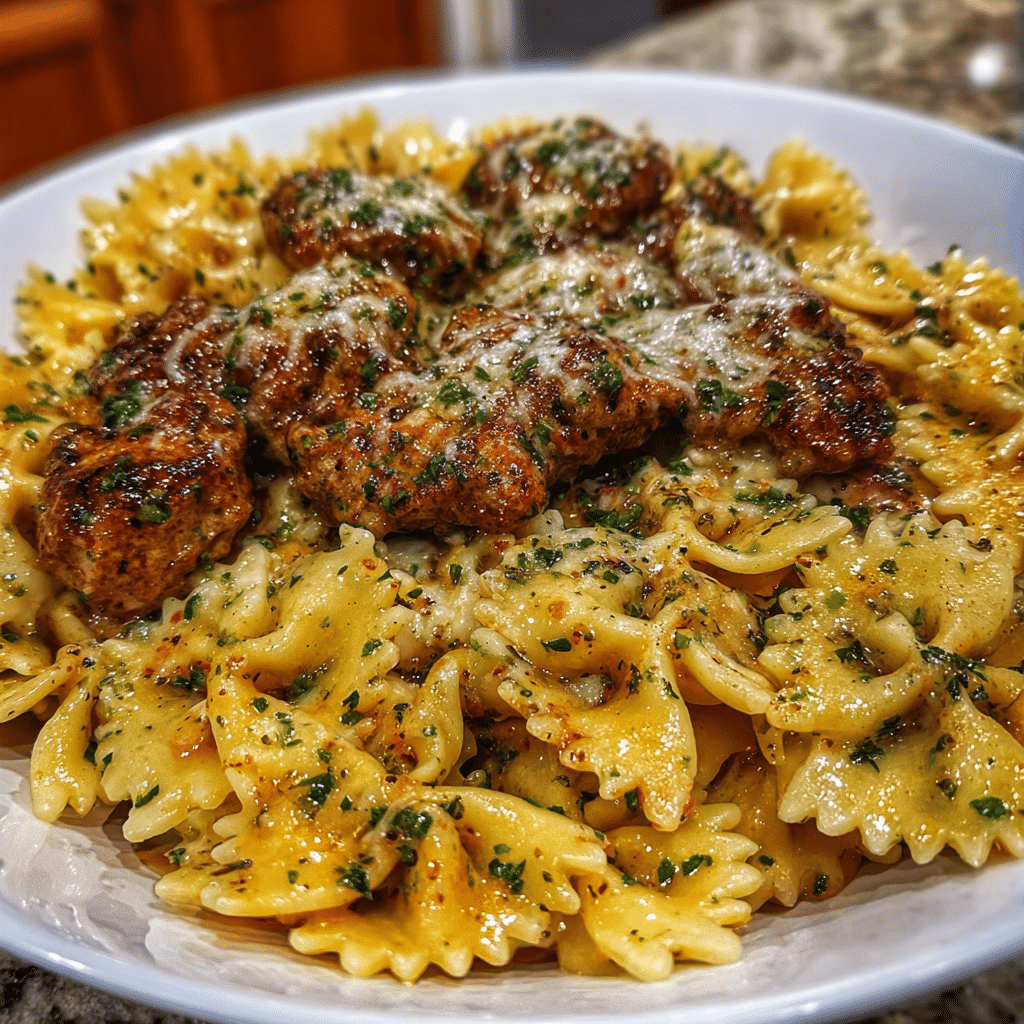 Spicy Cajun Bowtie Pasta with Beef, Sausage & Garlic Sauce