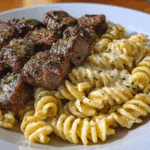 Steak Bites and Cheesy Rotini in Garlic Parmesan Sauce