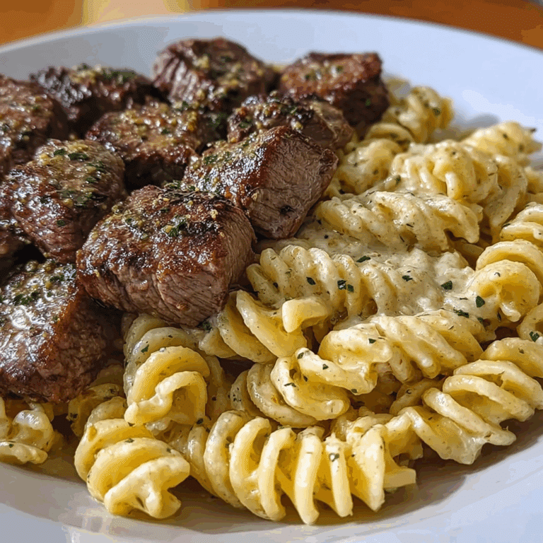 Steak Bites and Cheesy Rotini in Garlic Parmesan Sauce