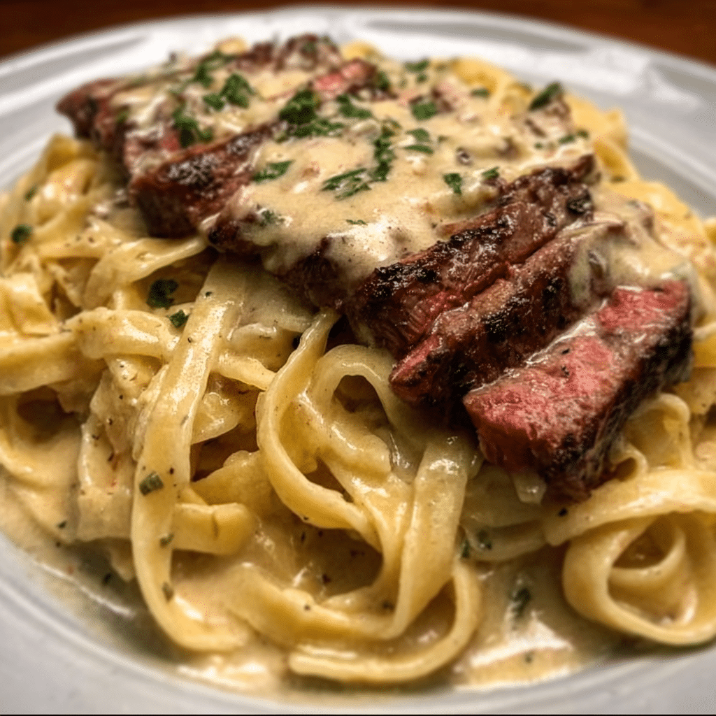 Velveeta Steak Fettuccine with Garlic Butter Cream Sauce