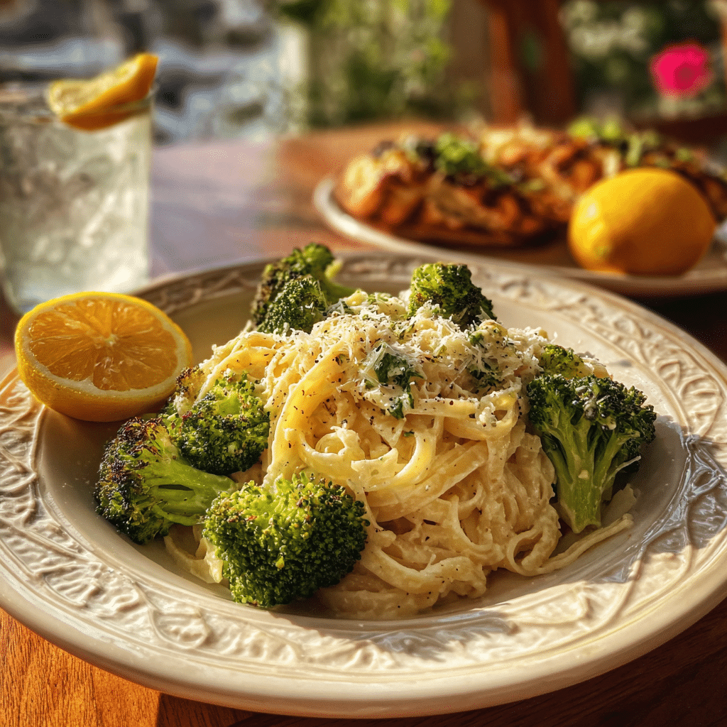 Lemon Hummus Pasta with Roasted Broccoli