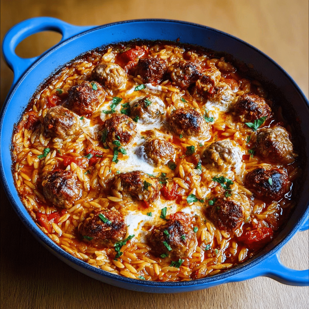 One Pot Meatball Orzo Bake