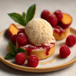 Peach Melba Mini Cakes with Raspberries and Ice Cream
