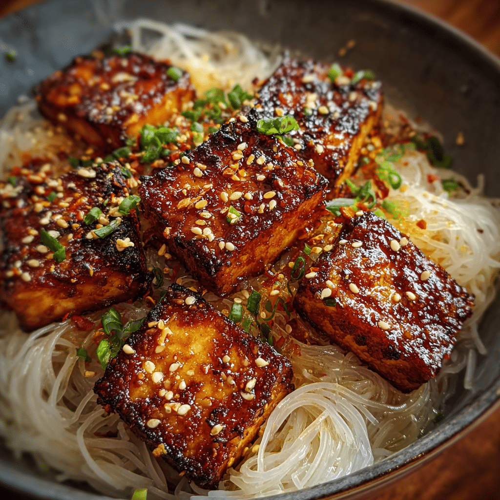 Sheet Pan Maple Soy Glazed Tofu with Rice Noodles