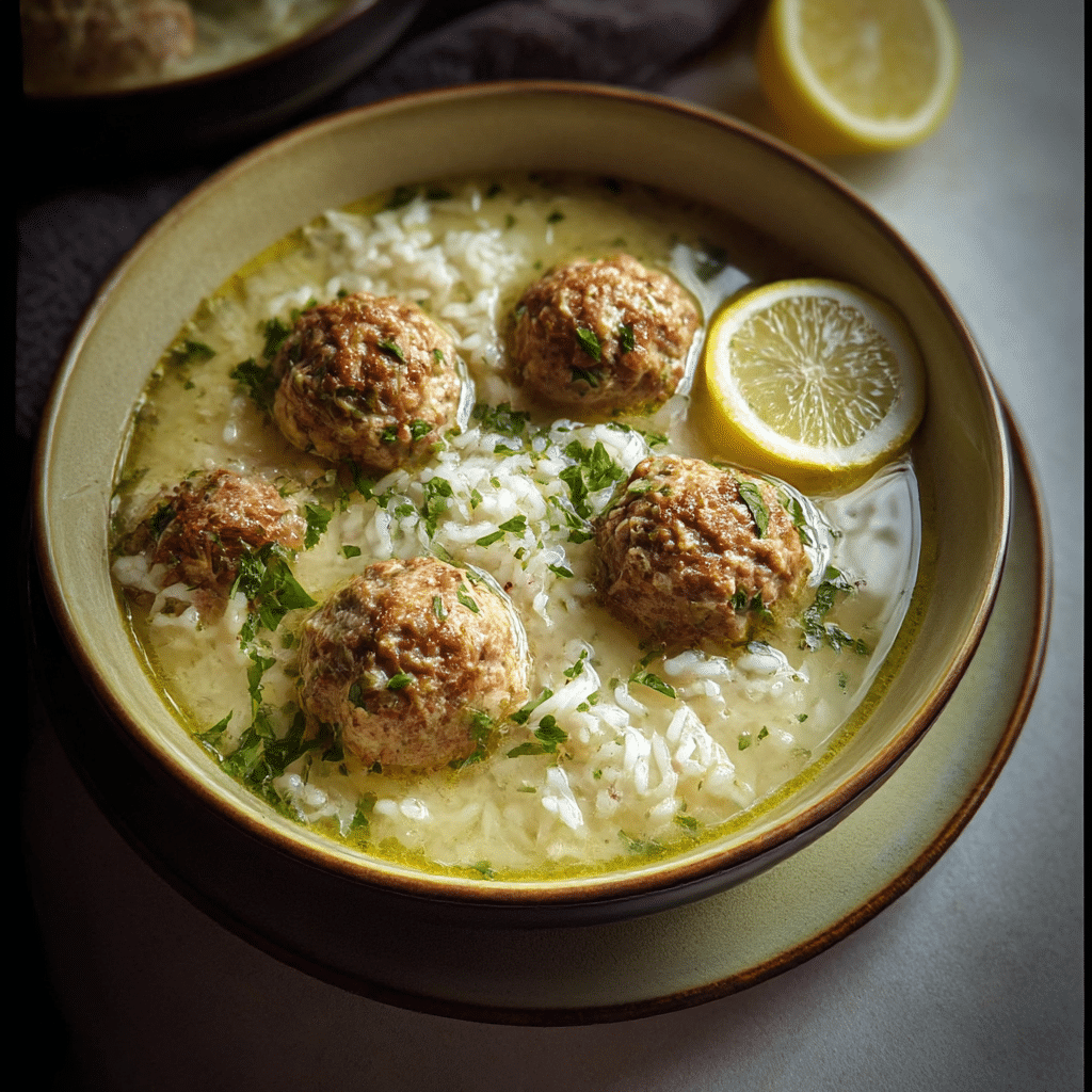 Slow Cooker Greek Meatball Soup with Lemon and Rice
