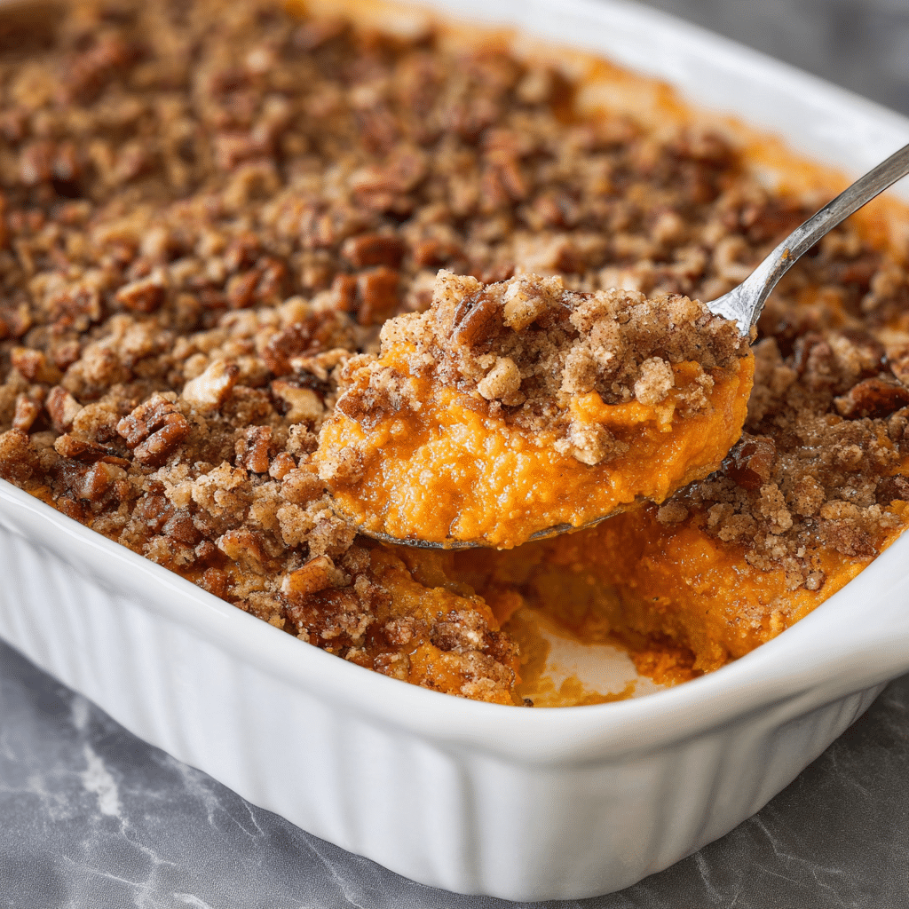 Sweet Potato Casserole with Pecan Crumble Topping
