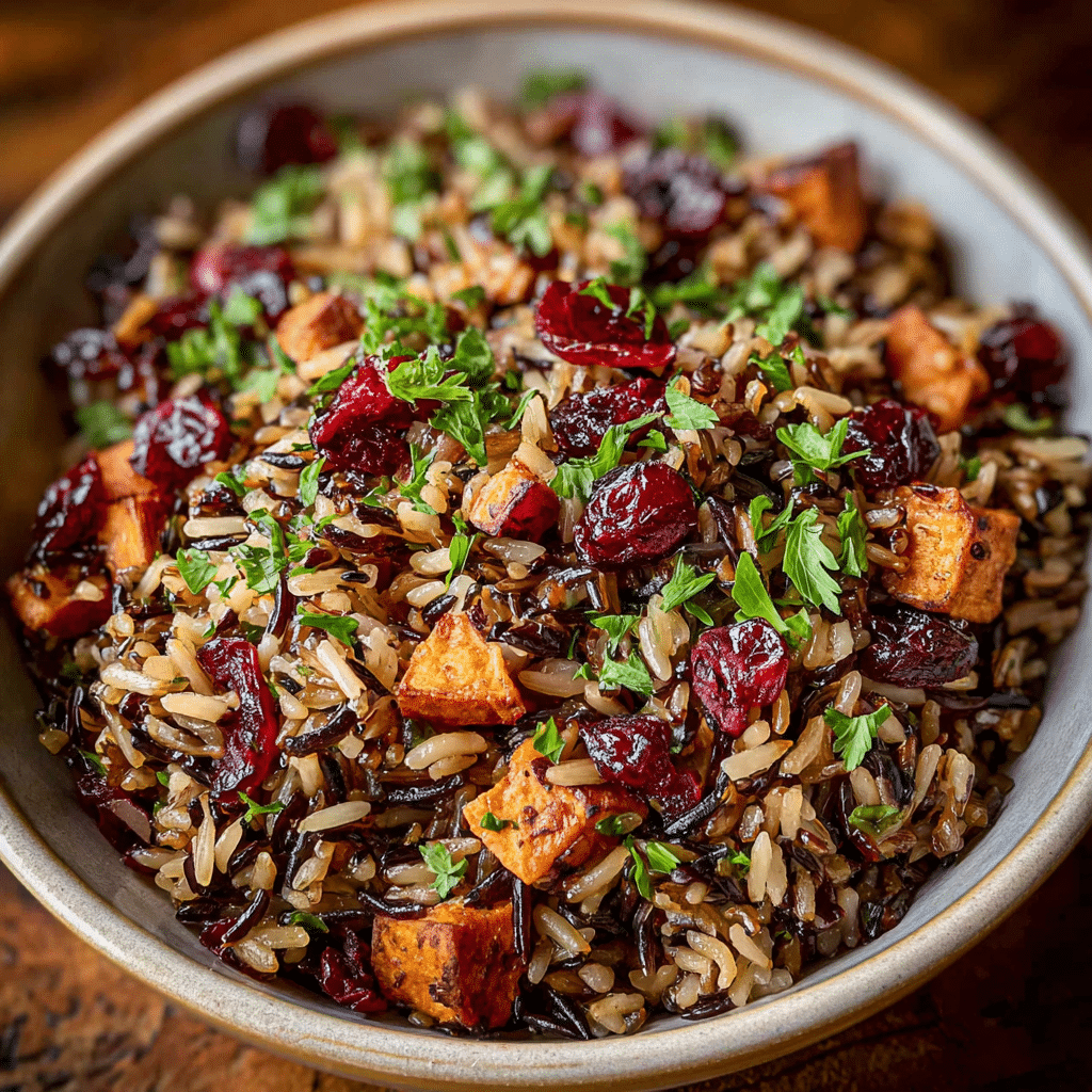 Wild Rice Pilaf with Roasted Sweet Potato and Cranberries